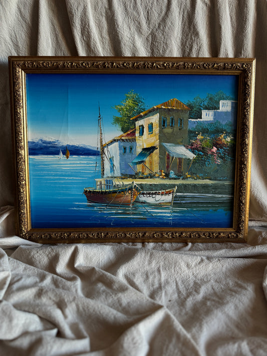 Vintage Bright Mediterranean Oil Paintings – Hand-Painted, Gilt Framed Pieces