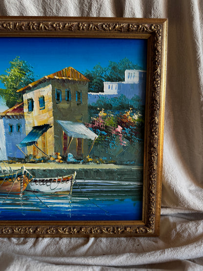 Vintage Bright Mediterranean Oil Paintings – Hand-Painted, Gilt Framed Pieces