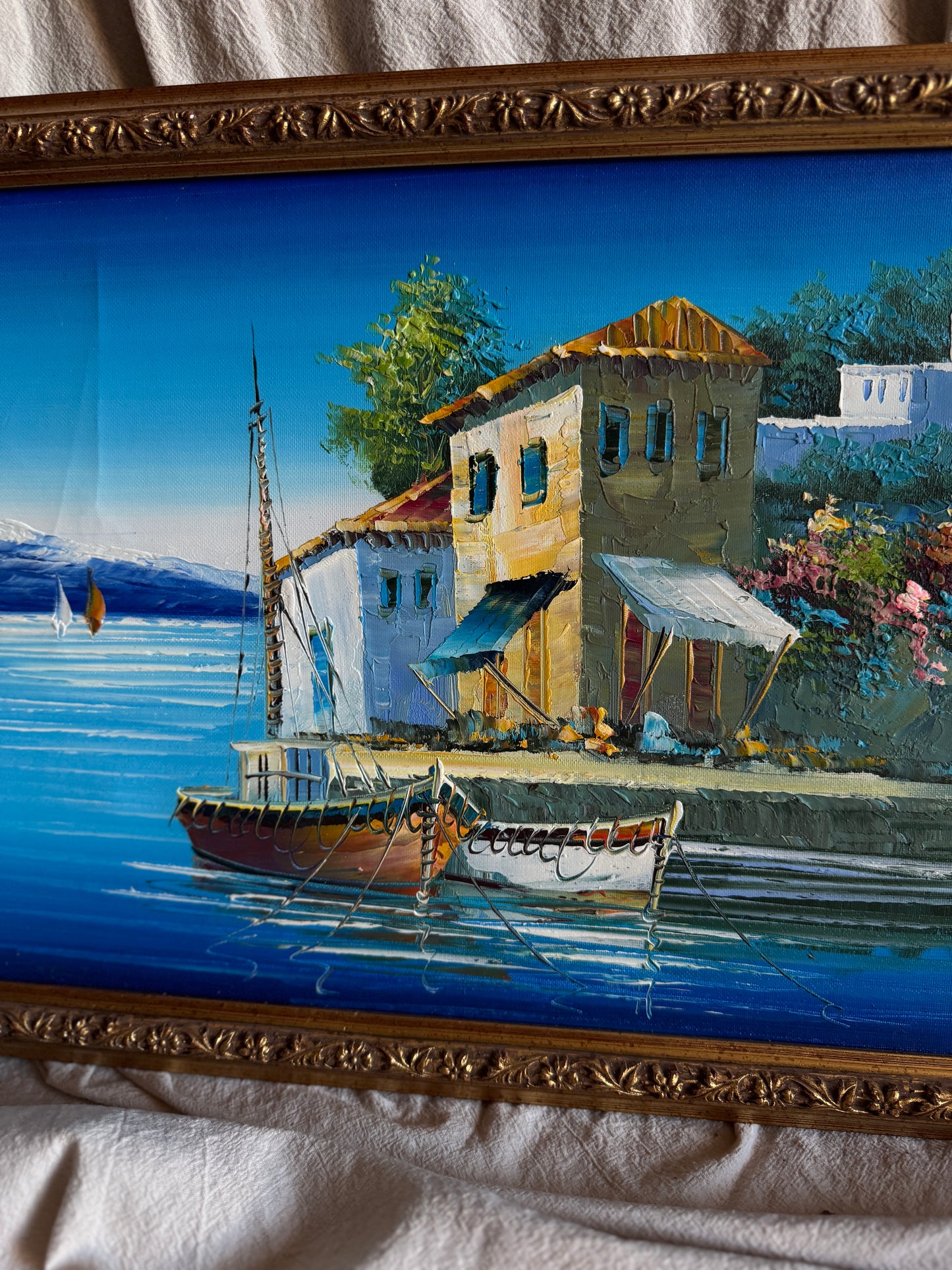 Vintage Bright Mediterranean Oil Paintings – Hand-Painted, Gilt Framed Pieces