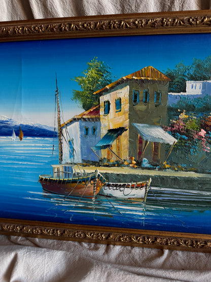 Vintage Bright Mediterranean Oil Paintings – Hand-Painted, Gilt Framed Pieces