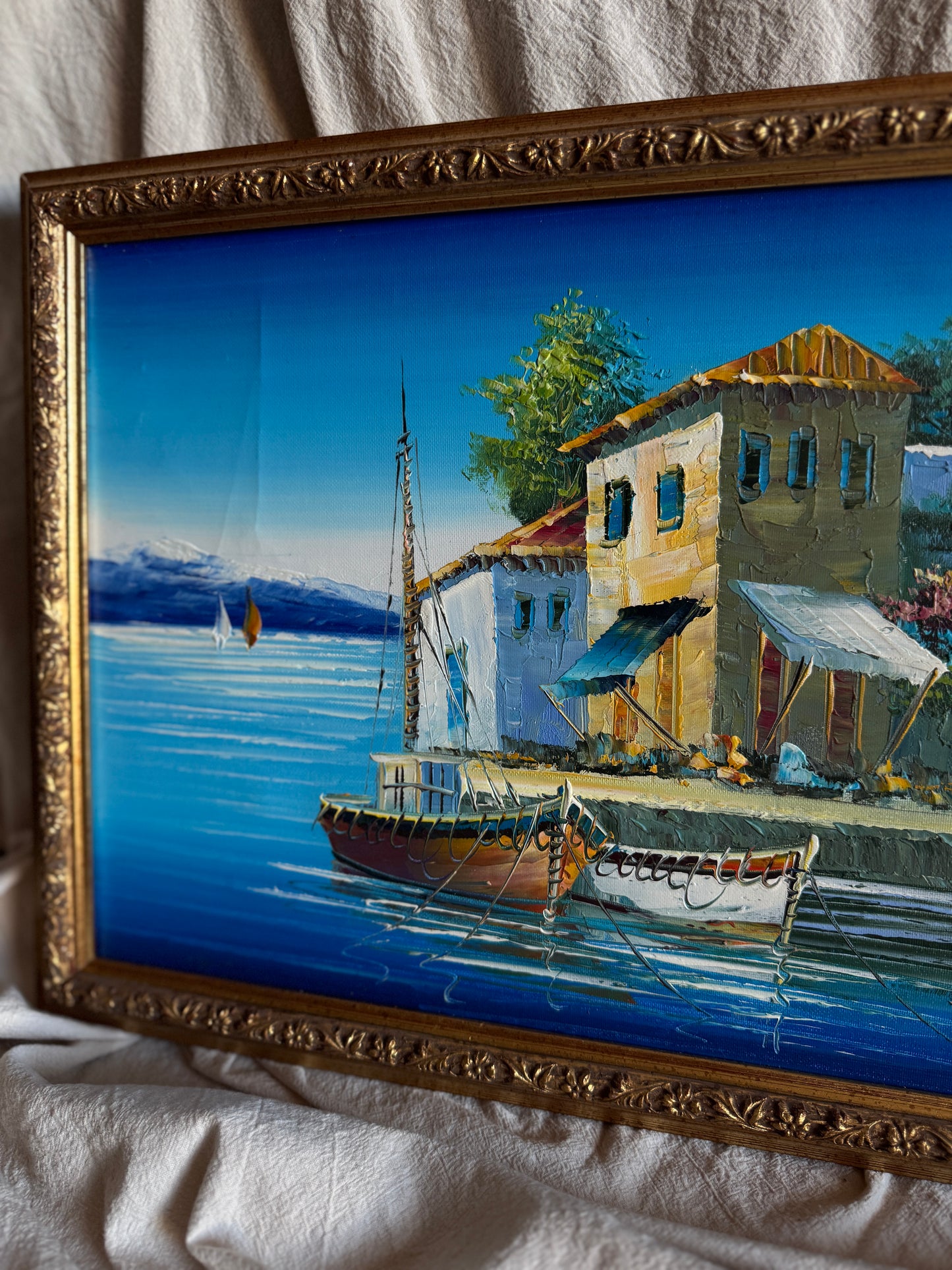 Vintage Bright Mediterranean Oil Paintings – Hand-Painted, Gilt Framed Pieces