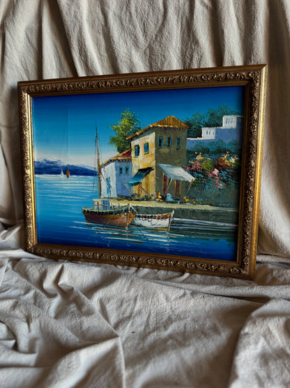 Vintage Bright Mediterranean Oil Paintings – Hand-Painted, Gilt Framed Pieces