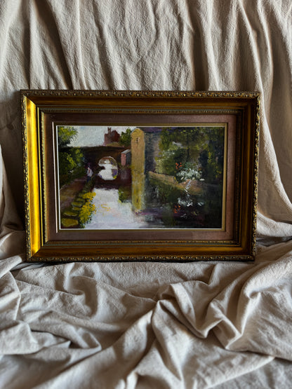 Original Oil Painting “Canal Walk” by J. Morris – Vintage Framed Landscape Oil 38 x 34 cm