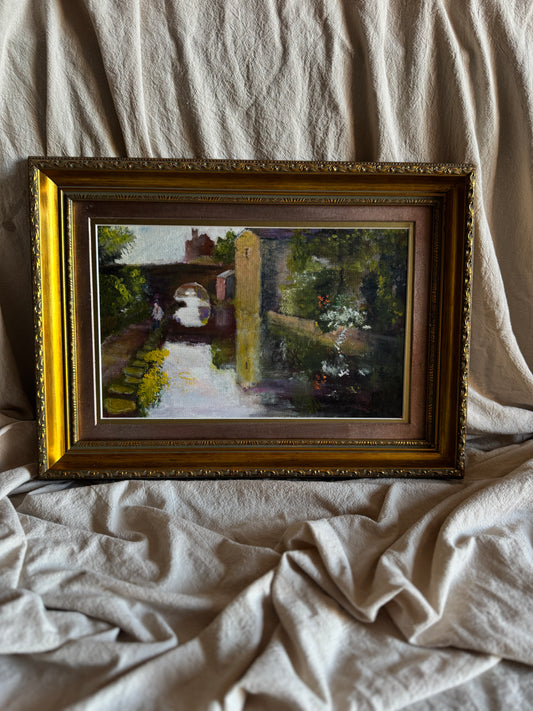Original Oil Painting “Canal Walk” by J. Morris – Vintage Framed Landscape Oil 38 x 34 cm
