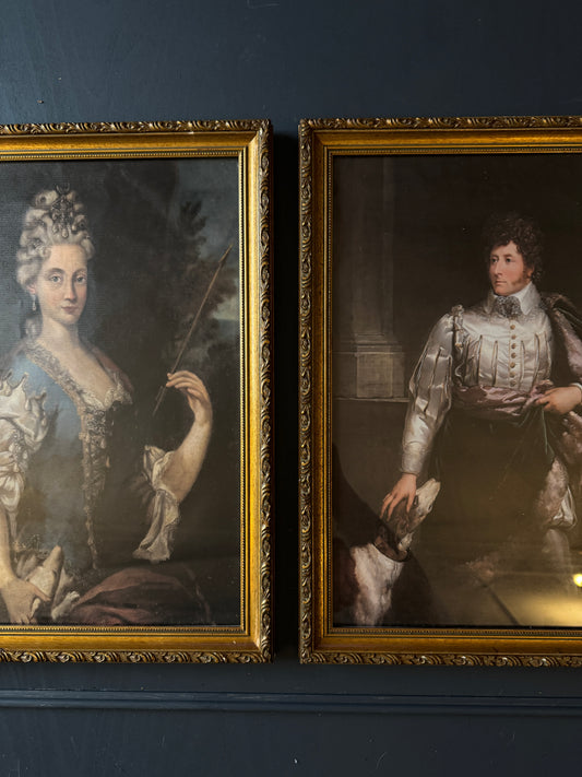 Vintage Themed Prints in Slim Gilt Gold Matching Frames - Pair