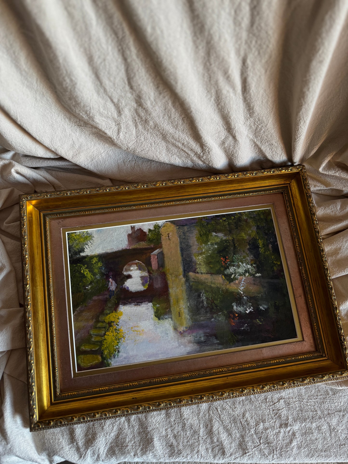 Original Oil Painting “Canal Walk” by J. Morris – Vintage Framed Landscape Oil 38 x 34 cm