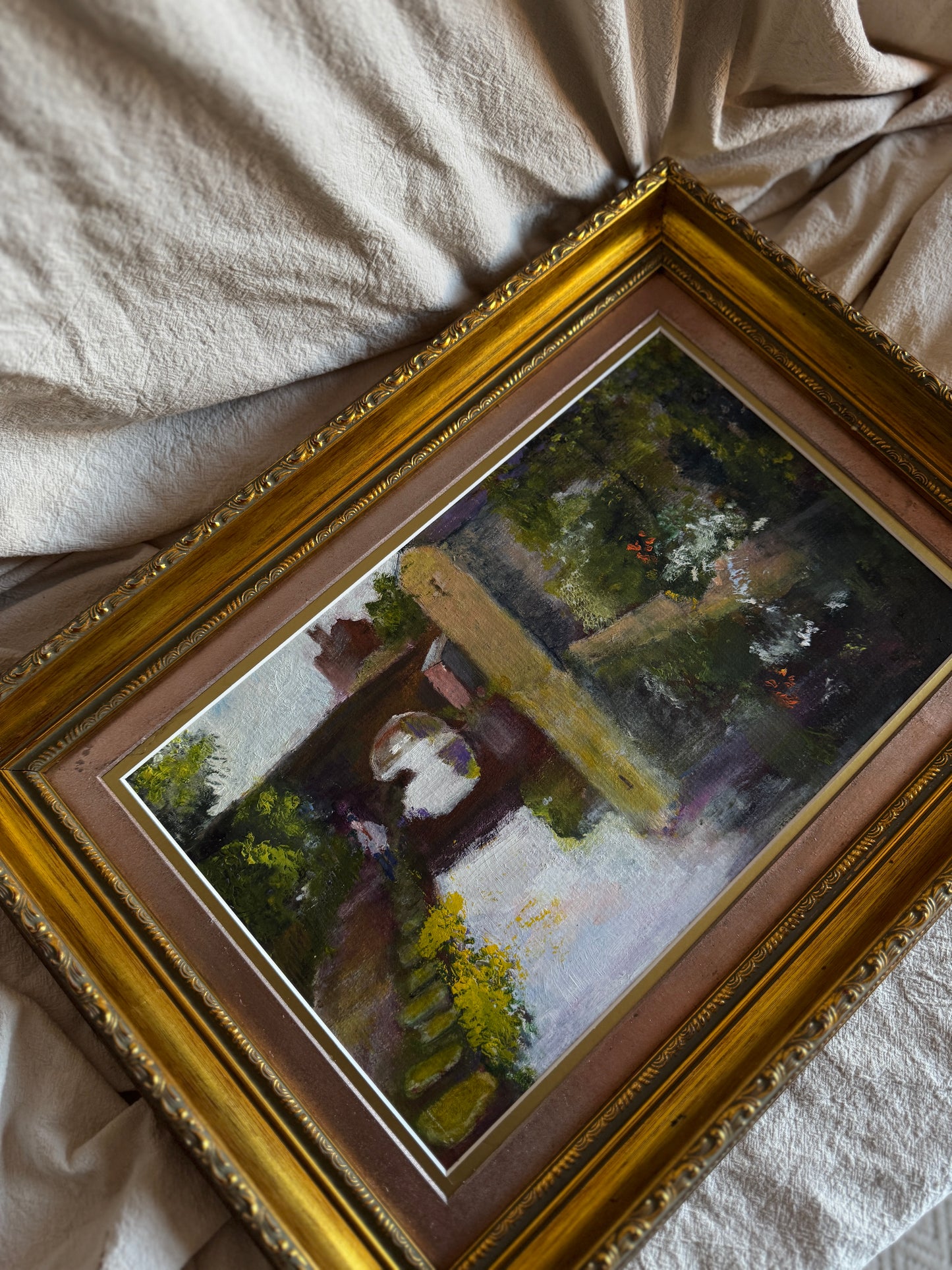 Original Oil Painting “Canal Walk” by J. Morris – Vintage Framed Landscape Oil 38 x 34 cm