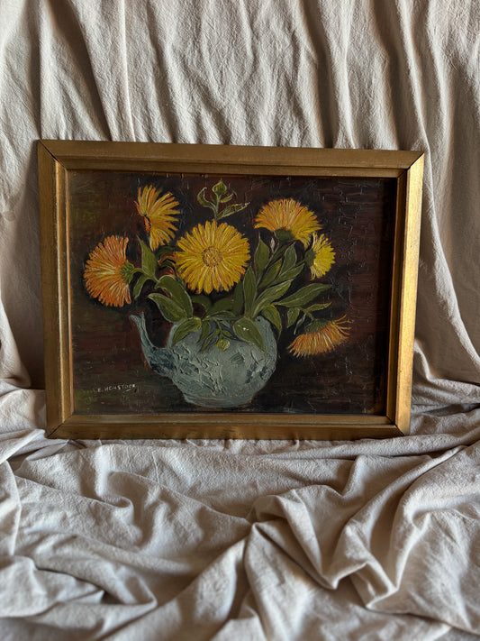 Vintage Yellow Flowers Oil Painting by E. Henstock: Gilt Gold Frame
