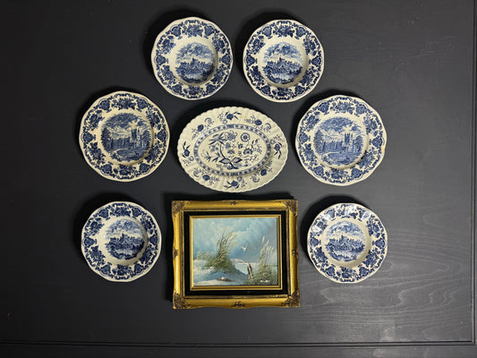 Grand Heritage Wall Set – Blue & White English Plates with Ornate Framed Painting