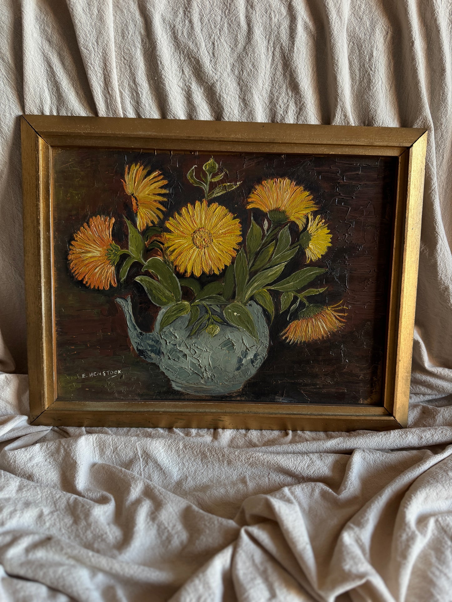 Vintage Yellow Flowers Oil Painting by E. Henstock: Gilt Gold Frame