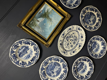 Grand Heritage Wall Set – Blue & White English Plates with Ornate Framed Painting
