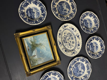 Grand Heritage Wall Set – Blue & White English Plates with Ornate Framed Painting