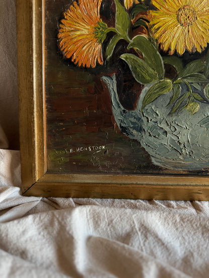 Vintage Yellow Flowers Oil Painting by E. Henstock: Gilt Gold Frame