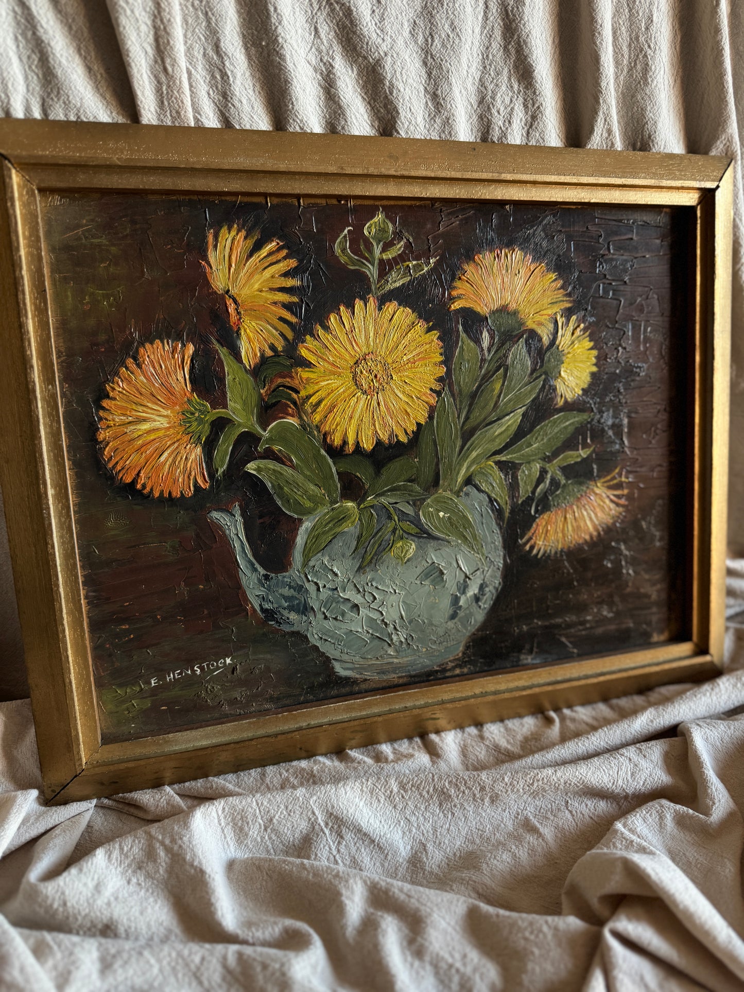 Vintage Yellow Flowers Oil Painting by E. Henstock: Gilt Gold Frame