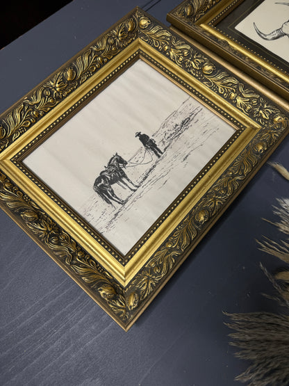 Rustic Western Elegance – Texas Themed Prints in Ornate Gold & Wooden Frames with Dried Flower Boot Decor