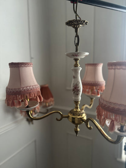 Capodimonte Style Brass and Fine Ceramic Vintage Chandelier + Wall Light Set | Porcelain White & Pink Flowers | Imported from Spain