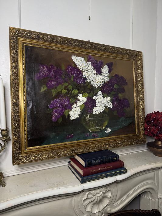 Large Imported Hungarian Oil Painting of Lilac in Ornate Gold Gilt Frame