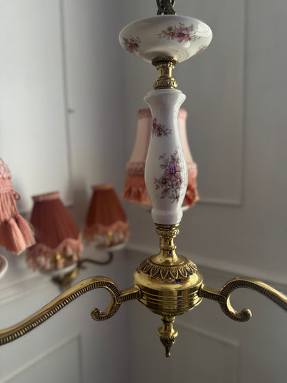 Capodimonte Style Brass and Fine Ceramic Vintage Chandelier + Wall Light Set | Porcelain White & Pink Flowers | Imported from Spain