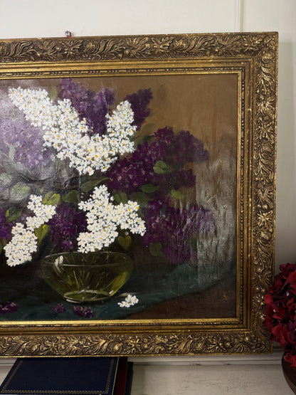 Large Imported Hungarian Oil Painting of Lilac in Ornate Gold Gilt Frame