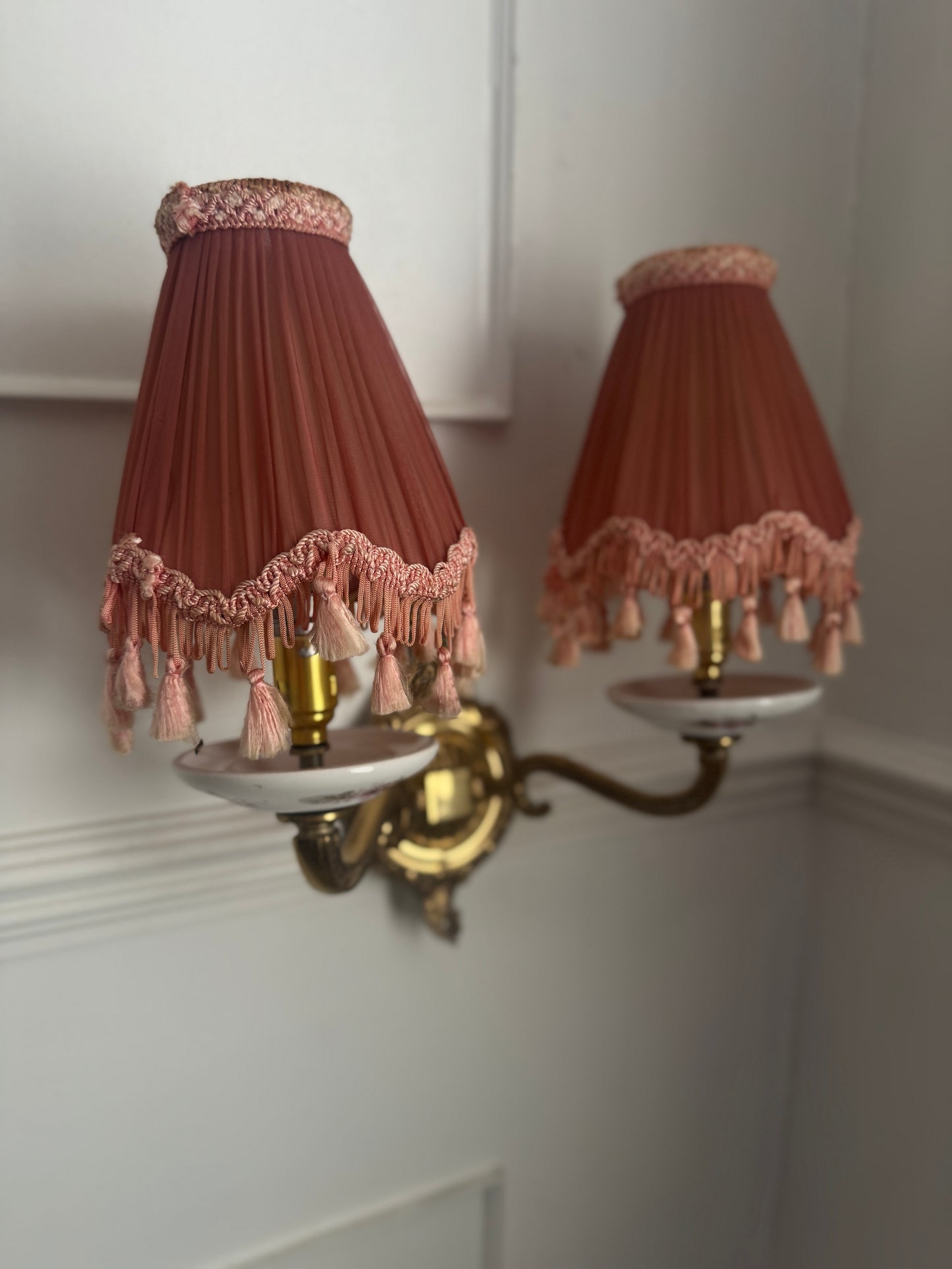 Capodimonte Style Brass and Fine Ceramic Vintage Chandelier + Wall Light Set | Porcelain White & Pink Flowers | Imported from Spain