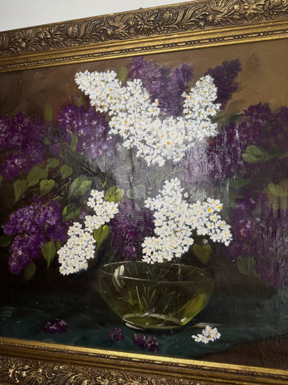 Large Imported Hungarian Oil Painting of Lilac in Ornate Gold Gilt Frame