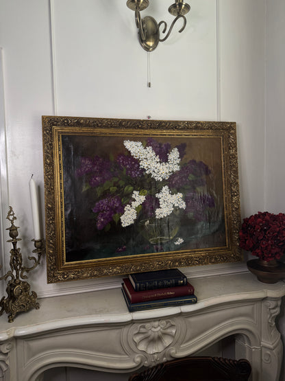 Large Imported Hungarian Oil Painting of Lilac in Ornate Gold Gilt Frame