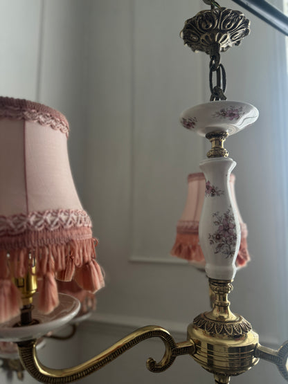 Capodimonte Style Brass and Fine Ceramic Vintage Chandelier + Wall Light Set | Porcelain White & Pink Flowers | Imported from Spain