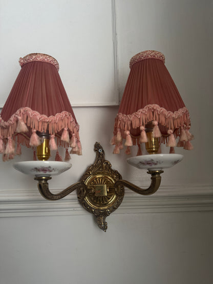 Capodimonte Style Brass and Fine Ceramic Vintage Chandelier + Wall Light Set | Porcelain White & Pink Flowers | Imported from Spain