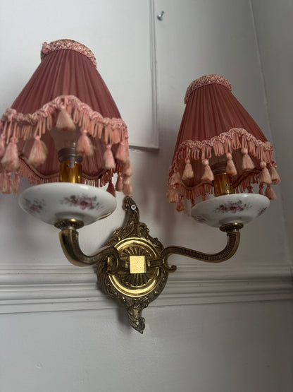 Capodimonte Style Brass and Fine Ceramic Vintage Chandelier + Wall Light Set | Porcelain White & Pink Flowers | Imported from Spain