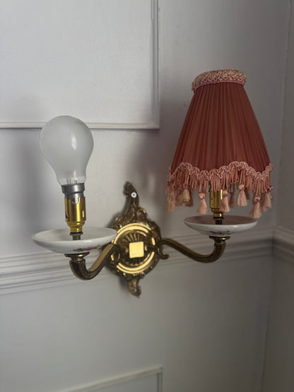 Capodimonte Style Brass and Fine Ceramic Vintage Chandelier + Wall Light Set | Porcelain White & Pink Flowers | Imported from Spain