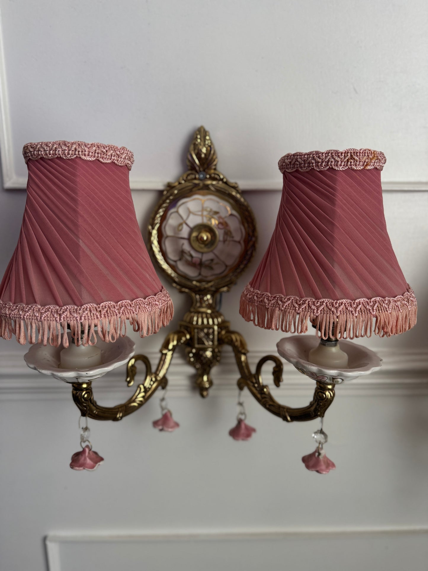 Vintage Capodimonte Chandelier , Wall Lights – Pink Floral Ceramic & Gilt Brass Lighting