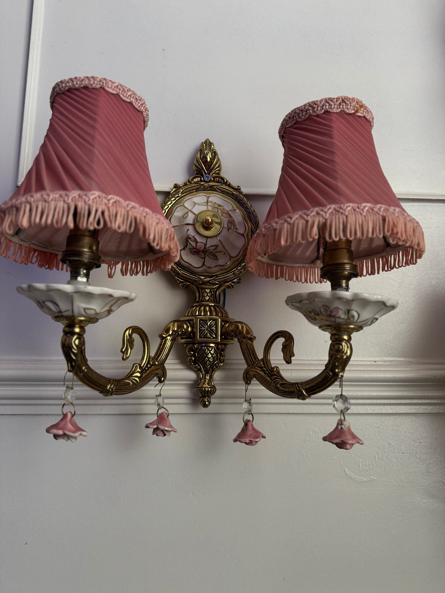Vintage Capodimonte Chandelier , Wall Lights – Pink Floral Ceramic & Gilt Brass Lighting