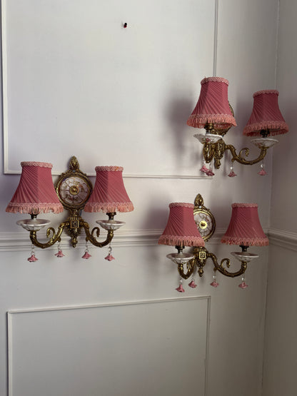 Vintage Capodimonte Chandelier , Wall Lights – Pink Floral Ceramic & Gilt Brass Lighting