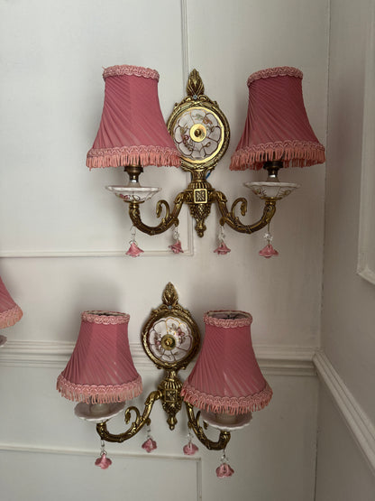 Vintage Capodimonte Chandelier , Wall Lights – Pink Floral Ceramic & Gilt Brass Lighting