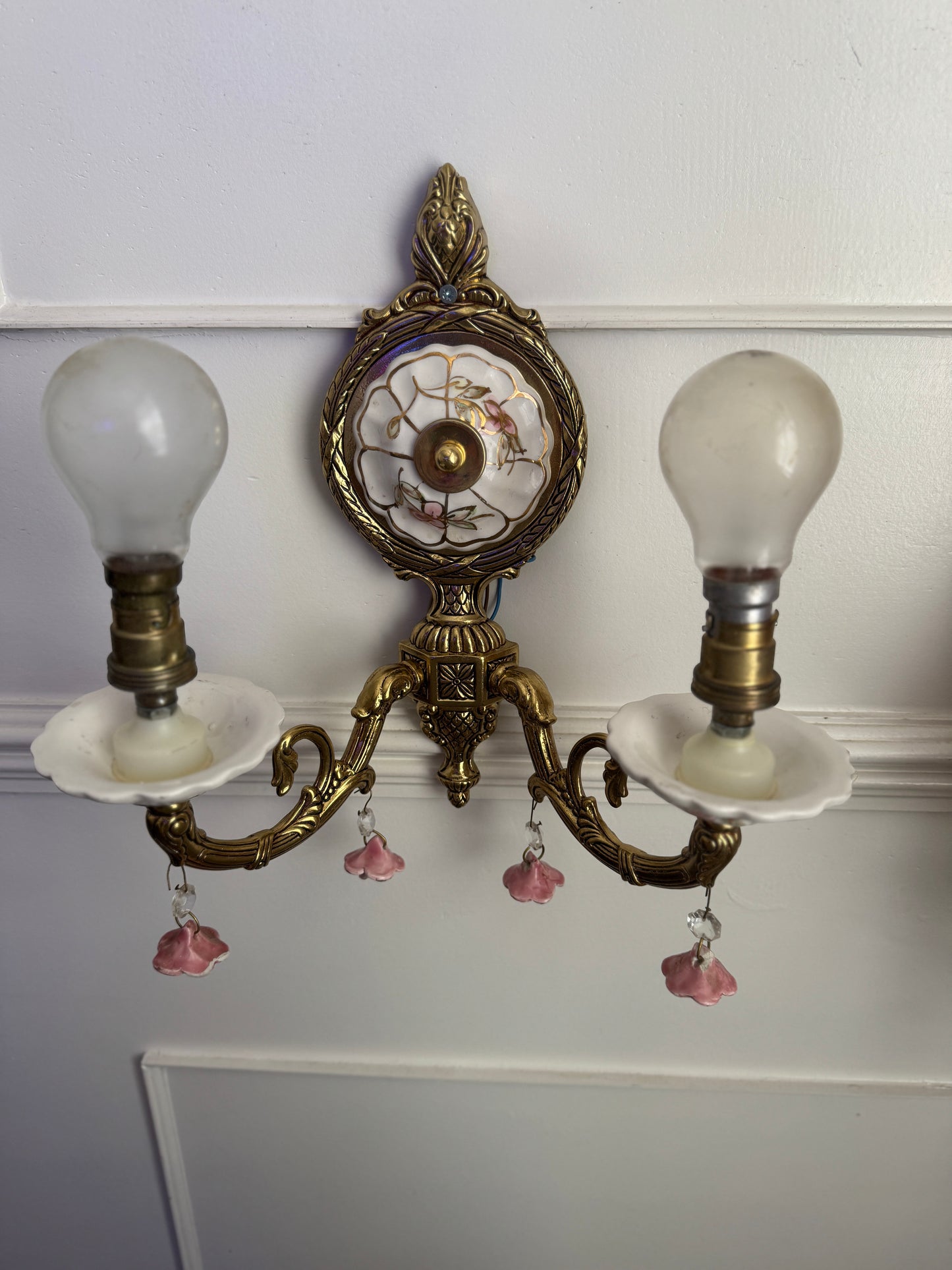 Vintage Capodimonte Chandelier , Wall Lights – Pink Floral Ceramic & Gilt Brass Lighting