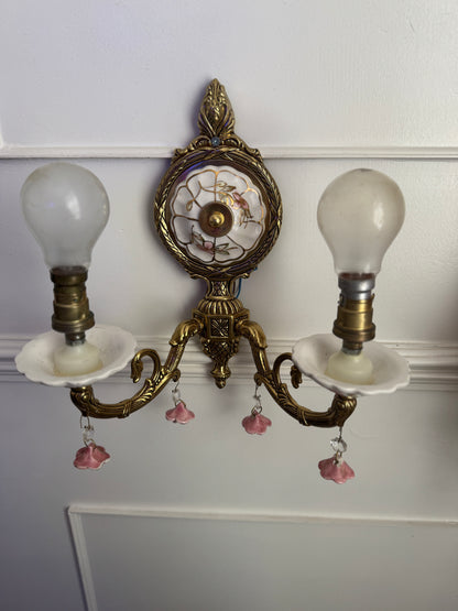 Vintage Capodimonte Chandelier , Wall Lights – Pink Floral Ceramic & Gilt Brass Lighting