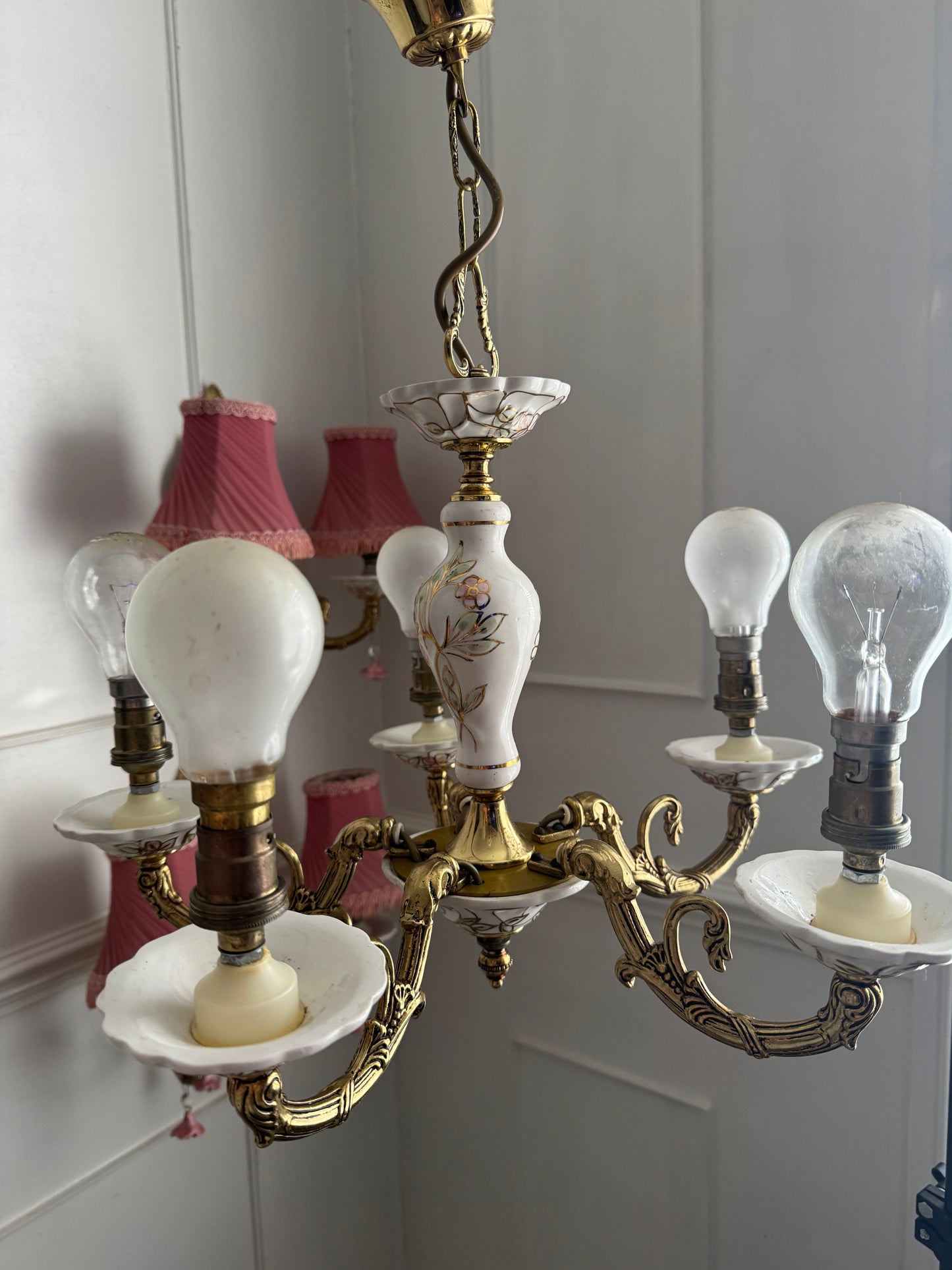 Vintage Capodimonte Chandelier , Wall Lights – Pink Floral Ceramic & Gilt Brass Lighting