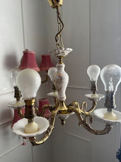 Vintage Capodimonte Chandelier , Wall Lights – Pink Floral Ceramic & Gilt Brass Lighting