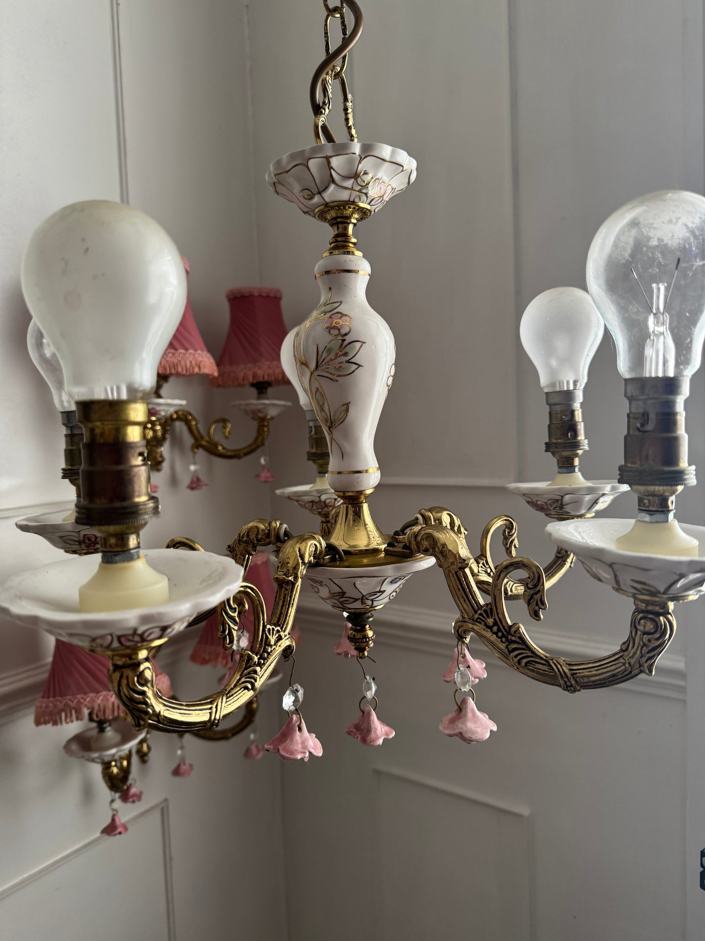 Vintage Capodimonte Chandelier , Wall Lights – Pink Floral Ceramic & Gilt Brass Lighting