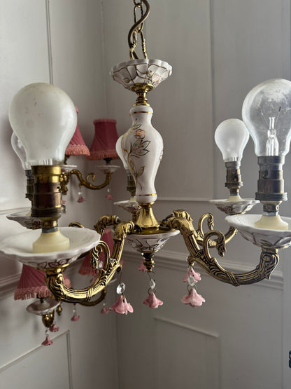 Vintage Capodimonte Chandelier , Wall Lights – Pink Floral Ceramic & Gilt Brass Lighting