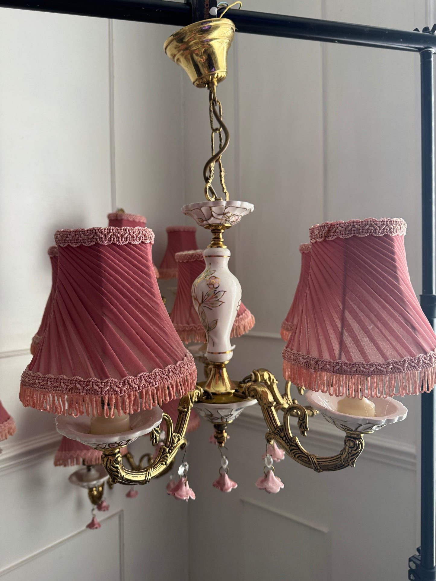 Vintage Capodimonte Chandelier , Wall Lights – Pink Floral Ceramic & Gilt Brass Lighting