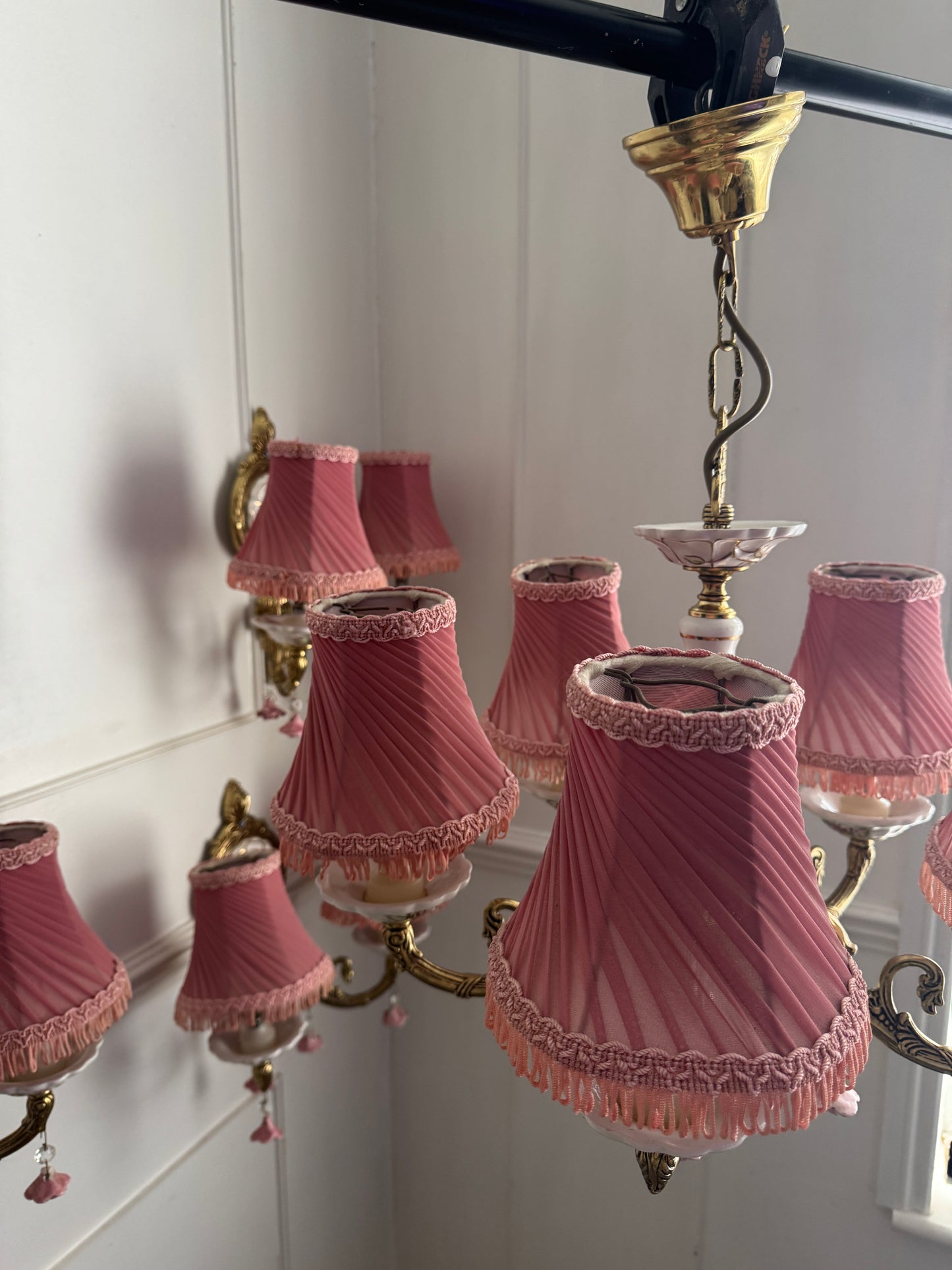Vintage Capodimonte Chandelier , Wall Lights – Pink Floral Ceramic & Gilt Brass Lighting