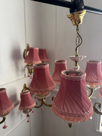 Vintage Capodimonte Chandelier , Wall Lights – Pink Floral Ceramic & Gilt Brass Lighting