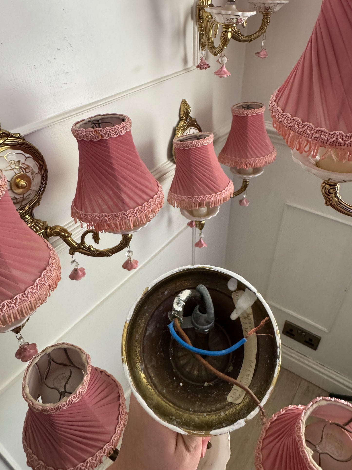 Vintage Capodimonte Chandelier , Wall Lights – Pink Floral Ceramic & Gilt Brass Lighting