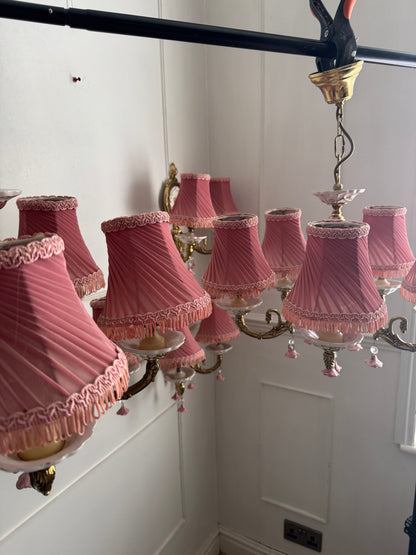 Vintage Capodimonte Chandelier , Wall Lights – Pink Floral Ceramic & Gilt Brass Lighting