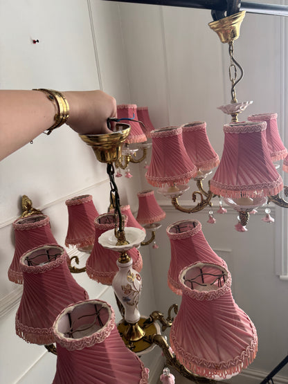 Vintage Capodimonte Chandelier , Wall Lights – Pink Floral Ceramic & Gilt Brass Lighting