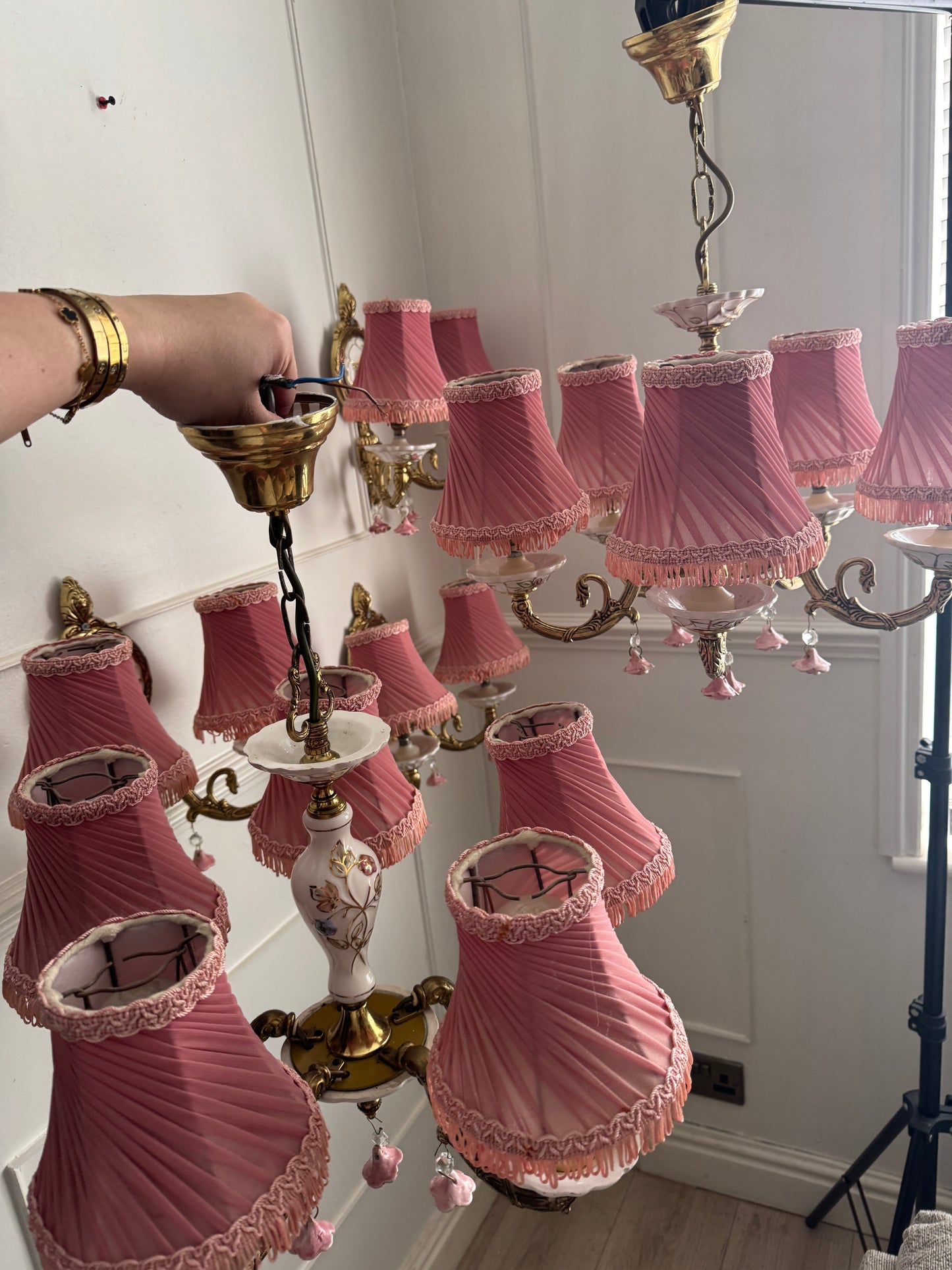 Vintage Capodimonte Chandelier , Wall Lights – Pink Floral Ceramic & Gilt Brass Lighting