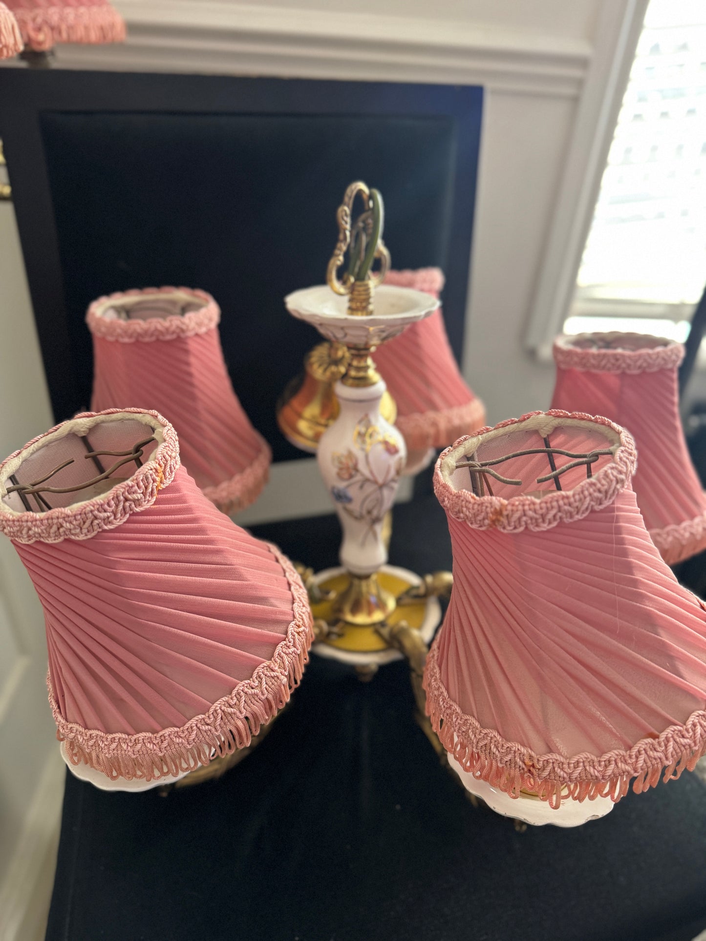Vintage Capodimonte Chandelier , Wall Lights – Pink Floral Ceramic & Gilt Brass Lighting