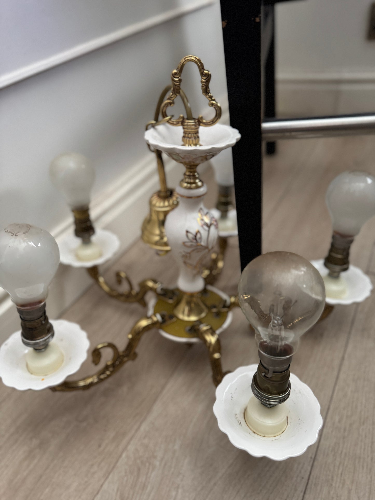 Vintage Capodimonte Chandelier , Wall Lights – Pink Floral Ceramic & Gilt Brass Lighting