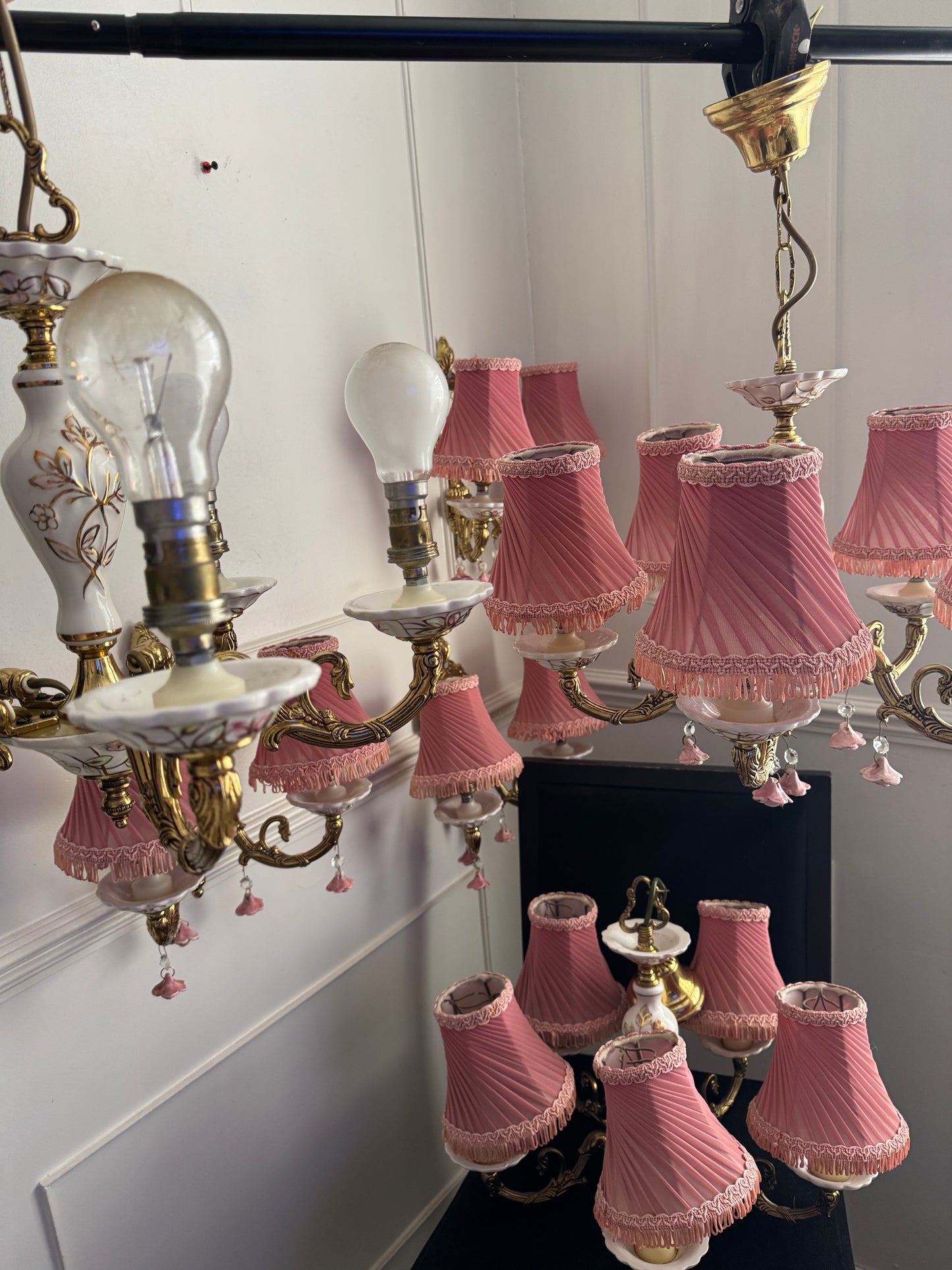 Vintage Capodimonte Chandelier , Wall Lights – Pink Floral Ceramic & Gilt Brass Lighting